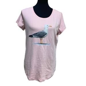 Hand Printed Upcycled Womens Large Watercolor Summer Seagull Bird Scoop Neck Tee